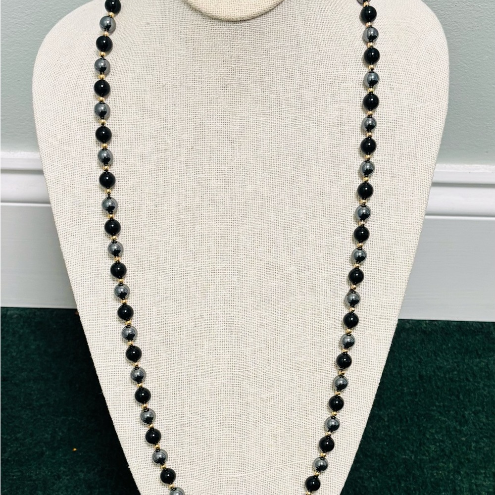 Elegant Onyx, Hematite and 14kt Gold Beaded Necklace